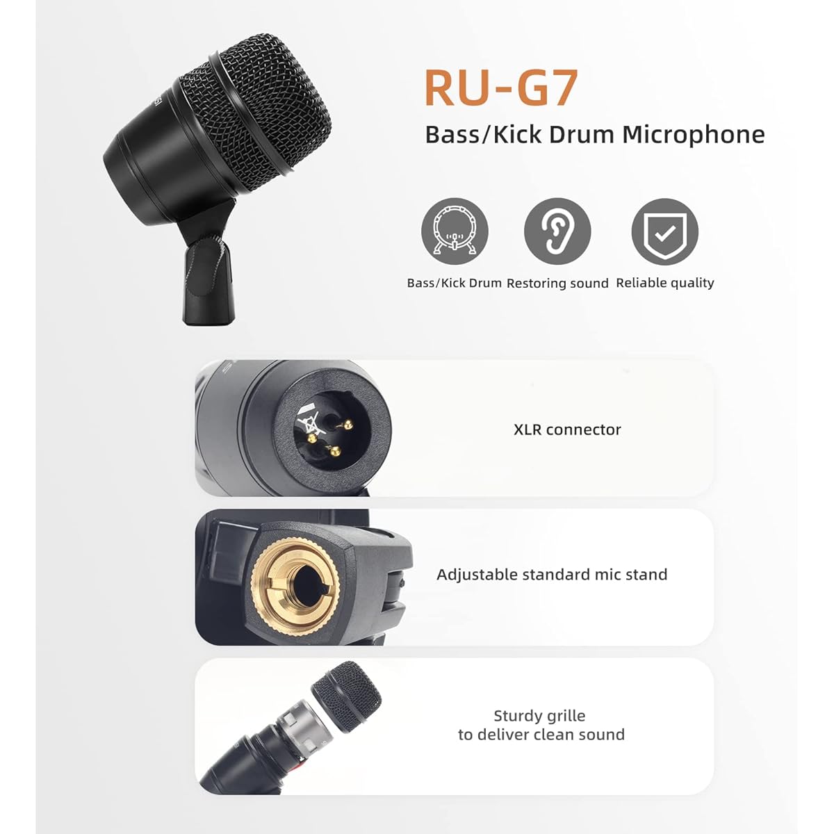 SENWOSI 7-Piece (All Metal) Wired Dynamic Drum Microphone Kit Kick Bass, Tom/Snare Drum, Cymbal Mics for Drummers to Play and Record - Stand, Thread Clamp and More Included (G-7)