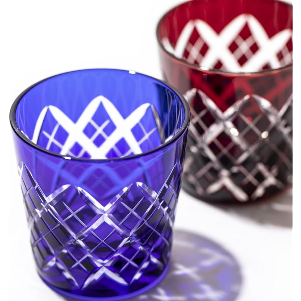 [Taimuro Kobo Official] Edo Kiriko Yarai Crest Cold Sake Cup (Ruri) TB90152-1B in Wooden Box Made in Japan