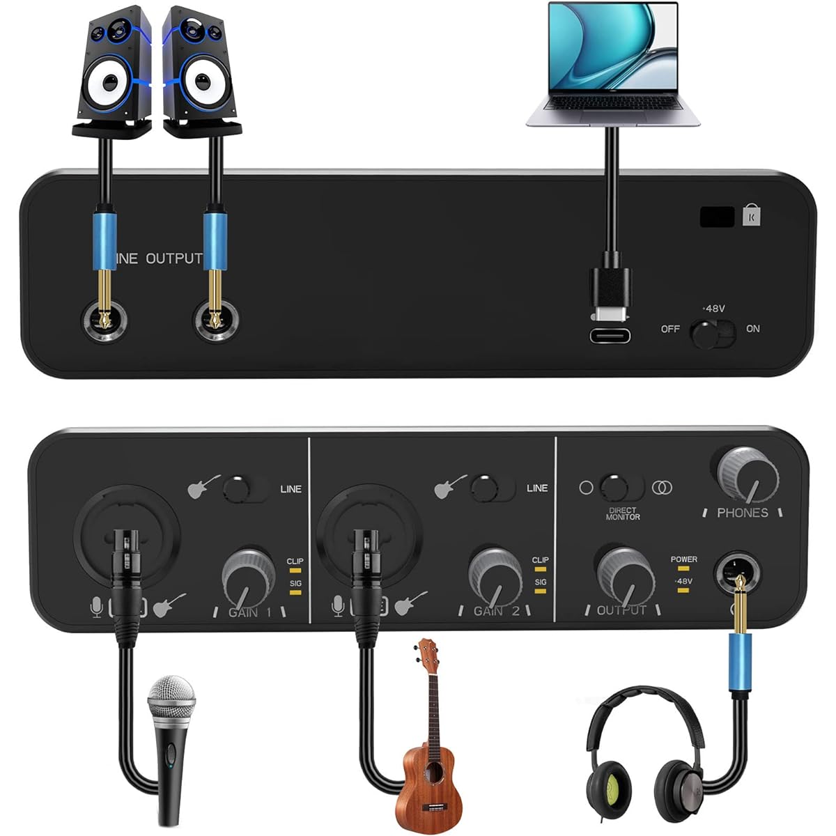 Dacimora 2i2 USB Audio Interface 48V Phantom Power 24bit/192kHz Plug and Play Recording Podcasting Streaming Recording Songwriting Streaming XLR Audio Interface Wine Red