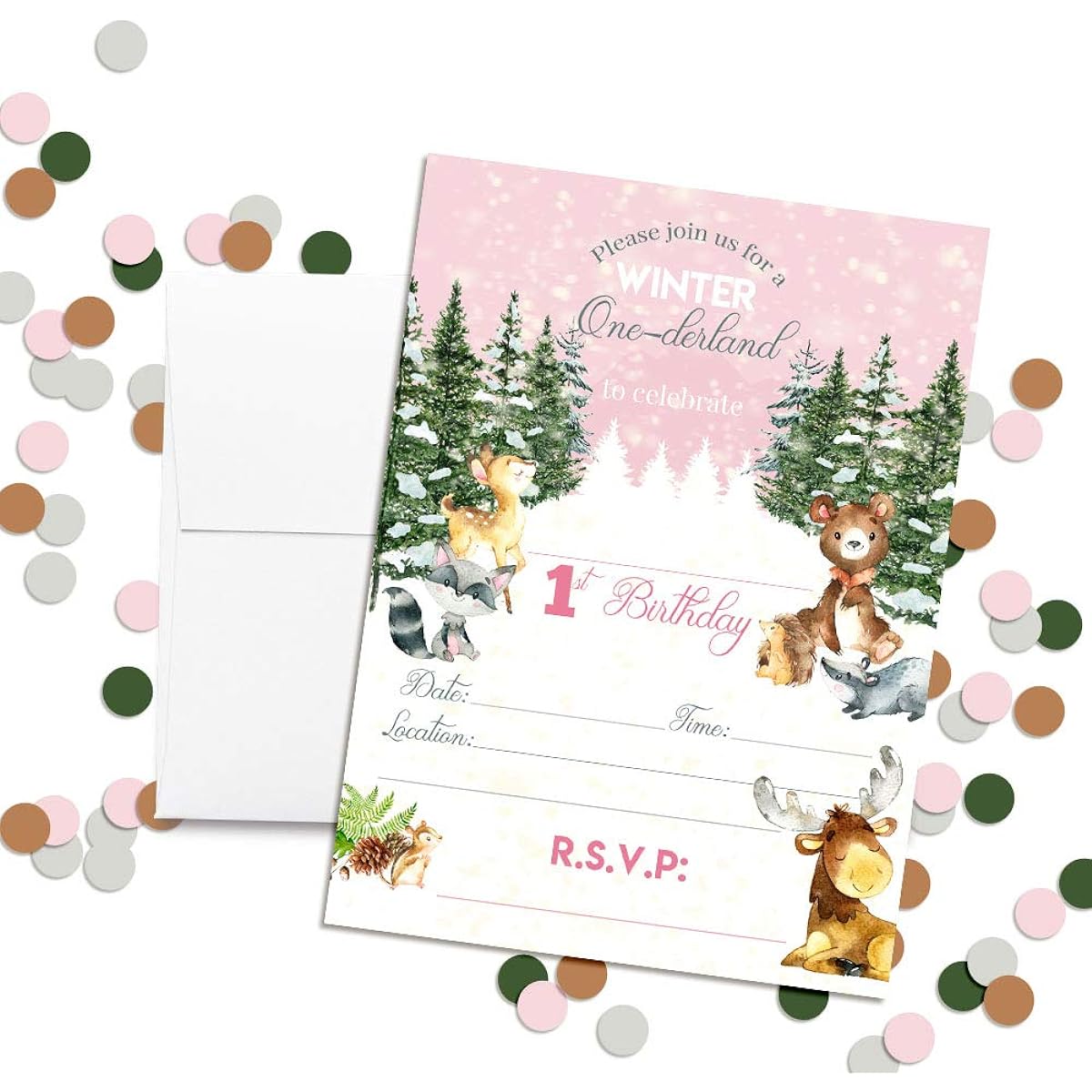 AmandaCreation Woodland Winter Wonderland First Birthday Party Invitation for Girls, 5"x7" Card with 20 White Envelopes