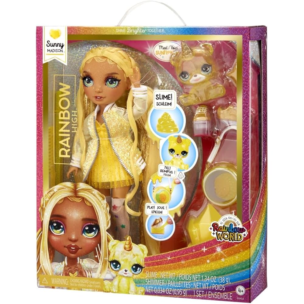 Rainbow High Fashion Doll with Slime & Pet - Sunny (Yellow) - 28cm Shimmer Doll with Glitter Slime Magical Pet Fashion Accessory - Kids Toy - Ages 4-12