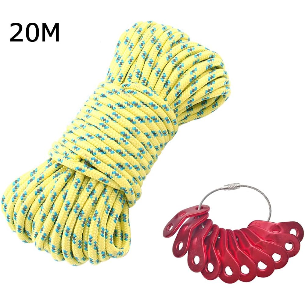 Lukinsen Tent Rope with Reflective Material Diameter 5mm x Length 20m/30m/50m High Visibility Guy Rope Tarp Rope with 10 Flexible Hardware for Camping and Outdoor Use (50m-Yellow Camouflage (Reflective))