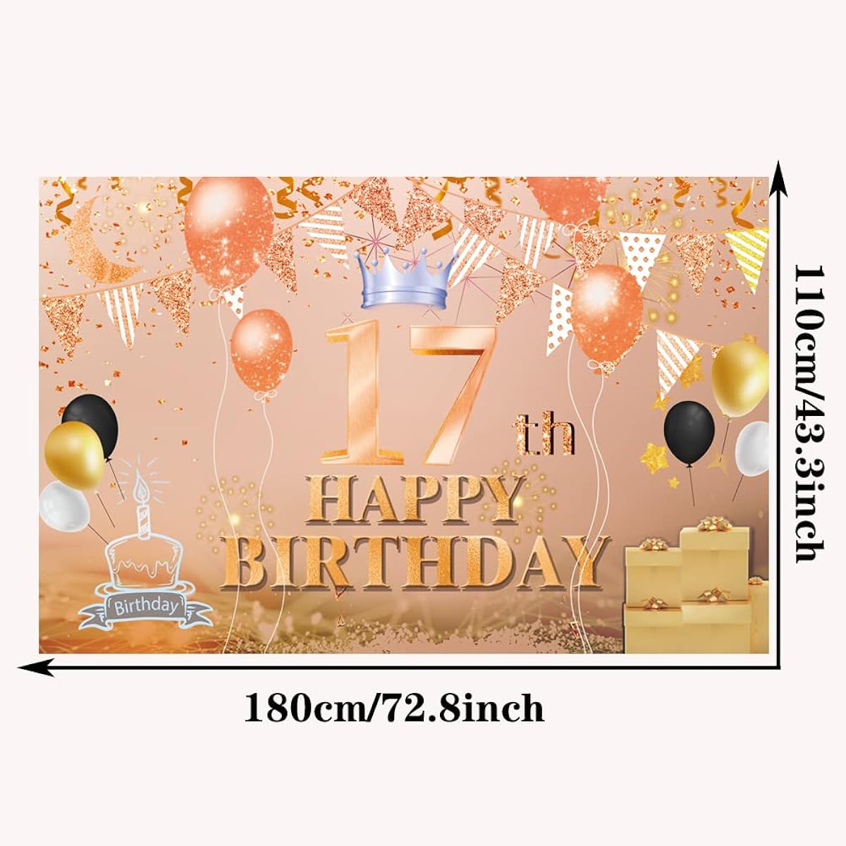 Happy 17th Birthday Backdrop Banner, Rose Gold 17 Years Old Sign Poster, 17th Birthday Party Supplies, Anniversary Photo Booth Photography Background, Birthday Party Decorations, 72.8 x 43.3 Inch