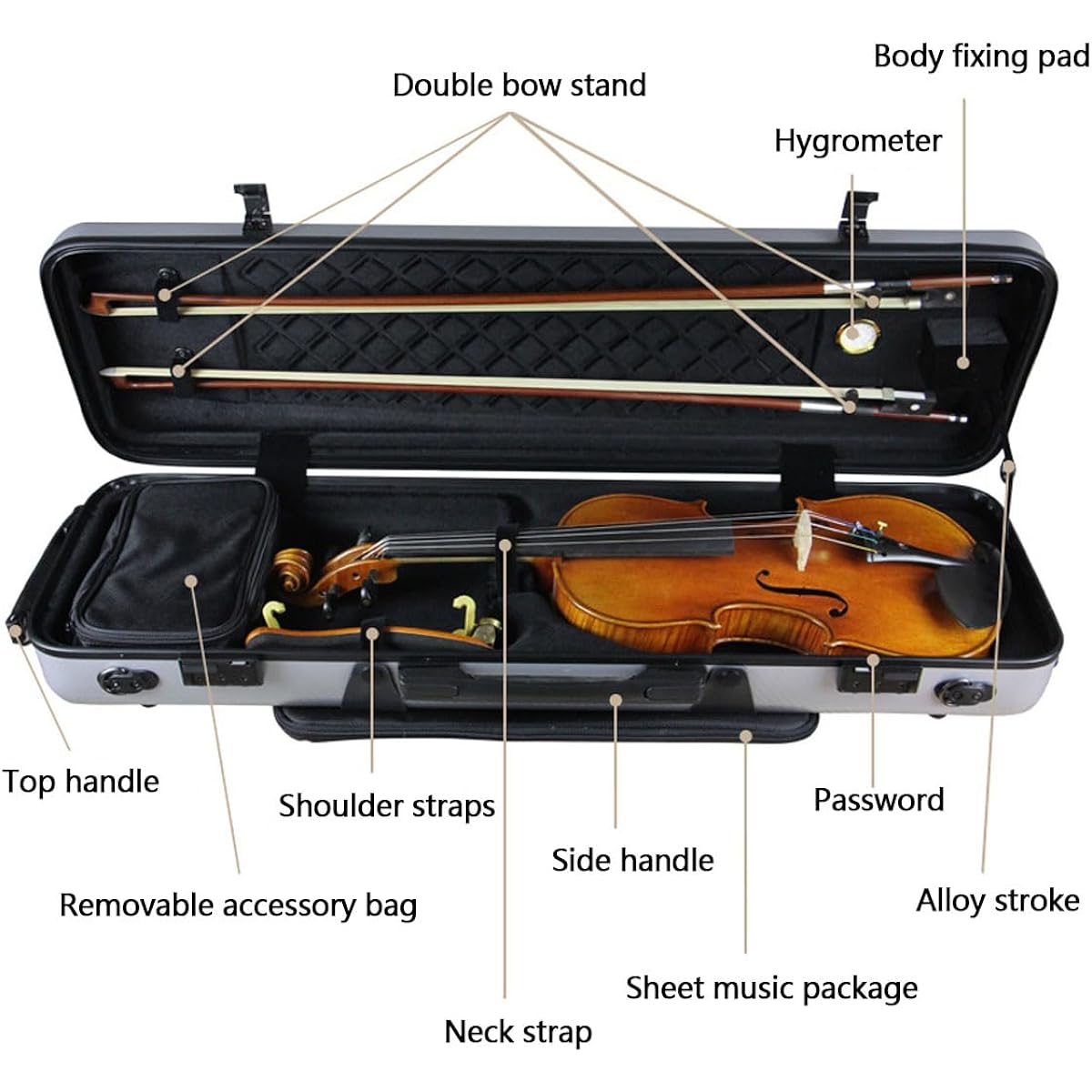 Violin Case Carbon Fiber Hard Shell for Full Size 4/4 Violin Easy to Carry Comes with Carrying Strap, Cover and Music Bag Strong Handle Multicolor,White