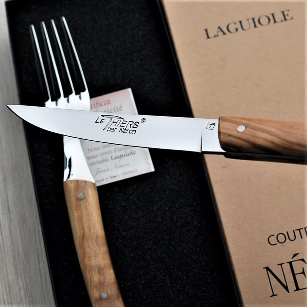 Natural Olive Handle Theirs 2.5mm Blade Steak Knife Fork Set Gift Box Made in France NERON