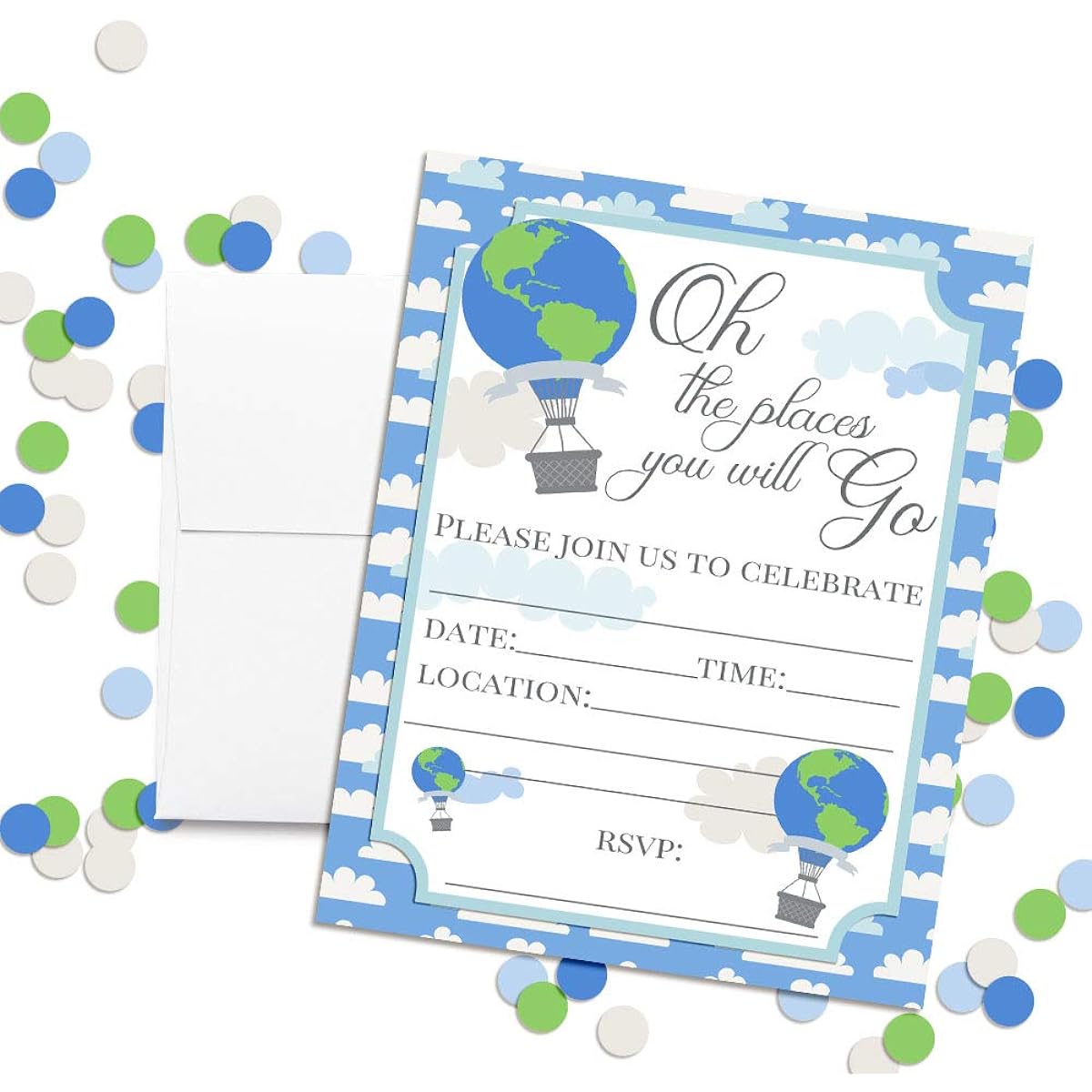 AmandaCreation Oh The Places You Will Go Adventure Themed Birthday Party Invitations, 20 Cards, 5" x 7" with 20 White Envelopes