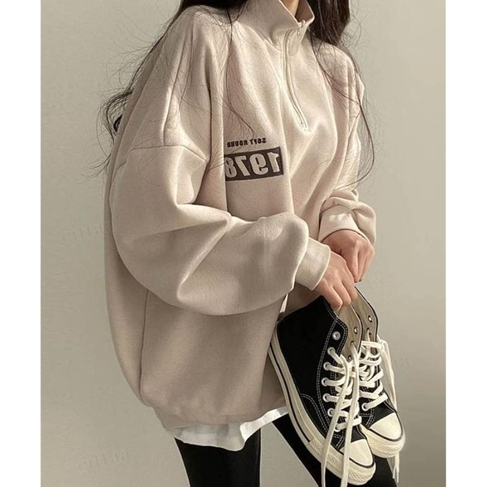 [MIRA MARIV] Made in Korea and imported directly from Korea 1978 Embroidery Half Zip Long Sleeve Oversized Sweatshirt Women's Sweatshirt Fleece Lined Top Casual Loose Stylish Winter Large Size Body Cover