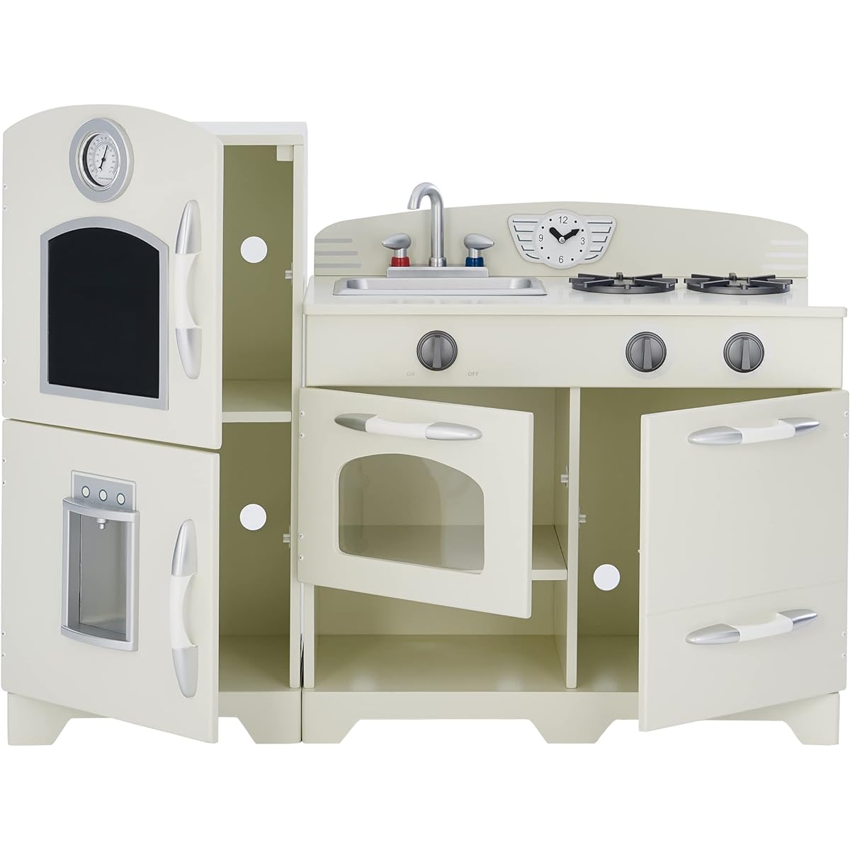 Teamson Kids Little Chef Fairfield Retro Modular Interactive Wooden Play Kitchen with Refrigerator, Sink, Stove and Storage, Easy to Clean, Off-White with Chrome Accents