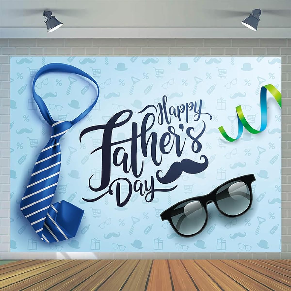 CYLYH 10x8ft Happy Father's Day Backdrop Tie and Glasses Blue Background Father's Day Family Prom Father's Day Party Supplies Decorations Banner D532