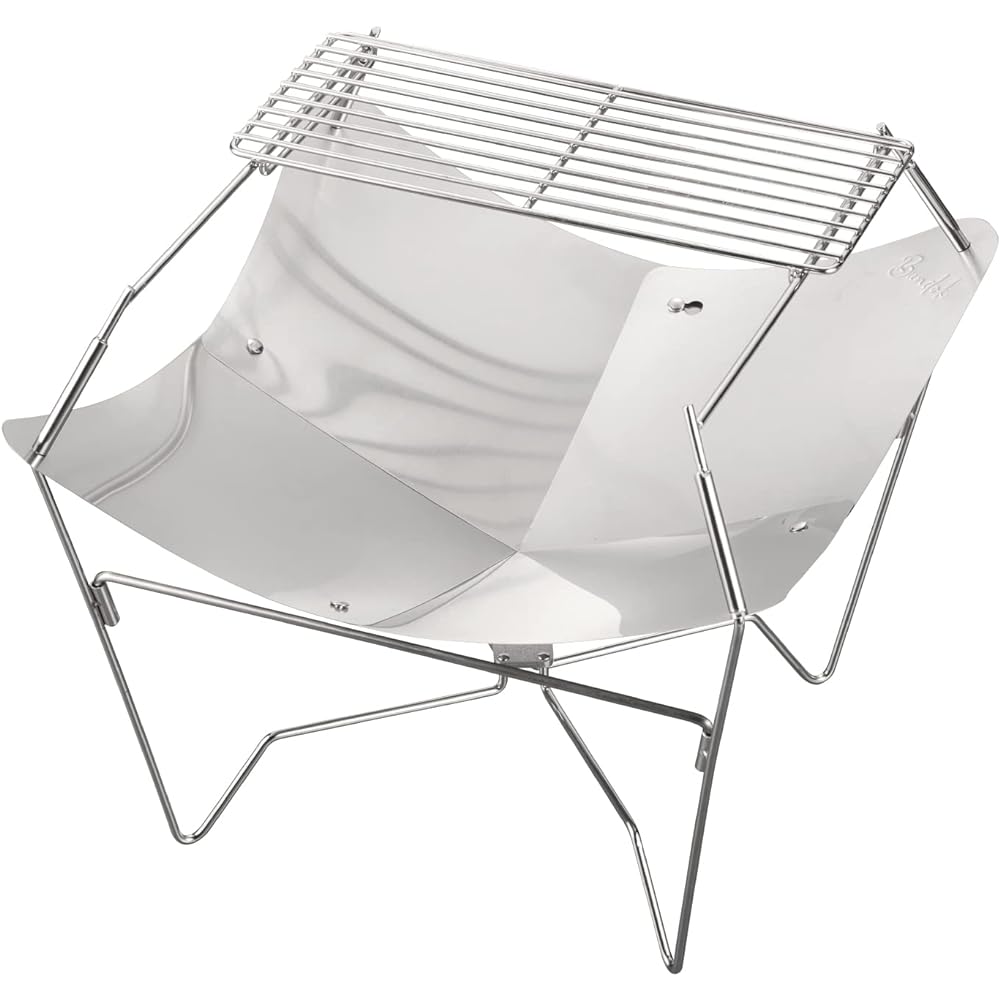 BUNDOK Bonfire Stand Lotus + (Lotus Plus) BD-467 With Net Stainless Steel Storage Case Included Compact Silver & Bonfire Chair BD-111 Solo Cotton Compact Storage Khaki [Set Purchase]