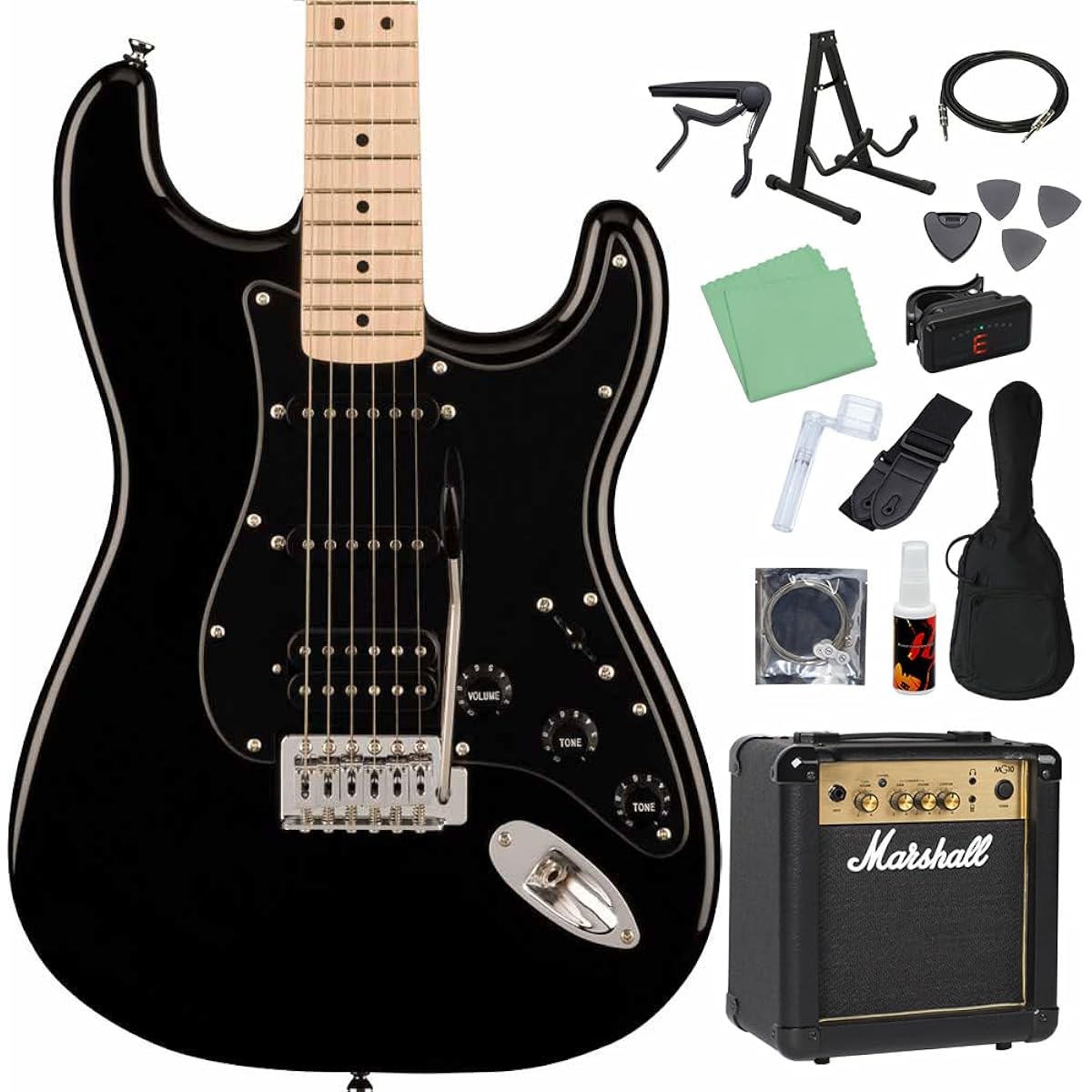 Squier by Fender SONIC STRATOCASTER HSS Black Electric Guitar Beginner 14-piece Set [Includes MG10] Stratocaster Black Squier