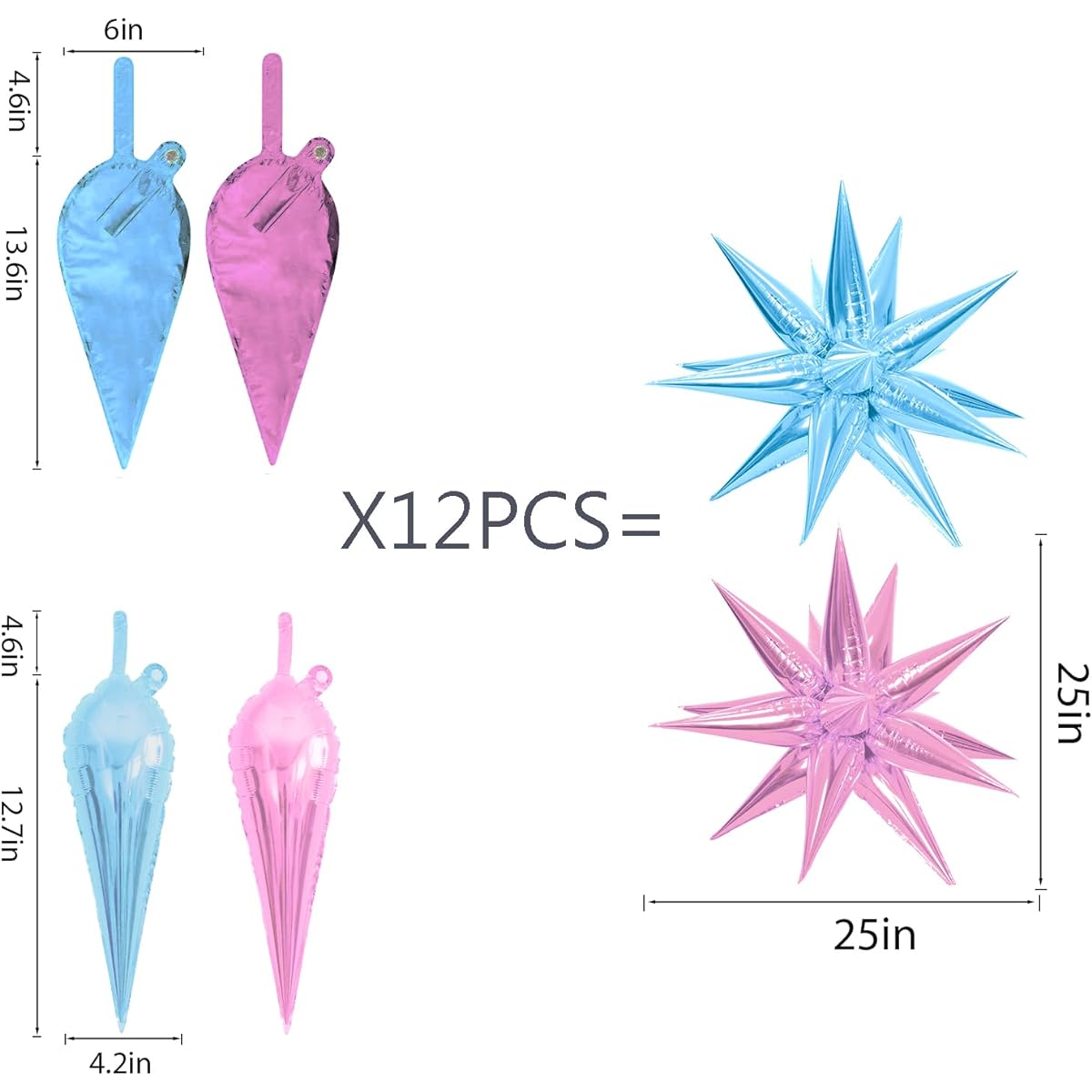 KEYYOOMY 12 Point Star Balloons 6 Starburst Balloons - 72pcs Foil Cone Balloons Party Supplies Christmas Birthday Wedding Decorations (25 inch Baby Blue and Pink)
