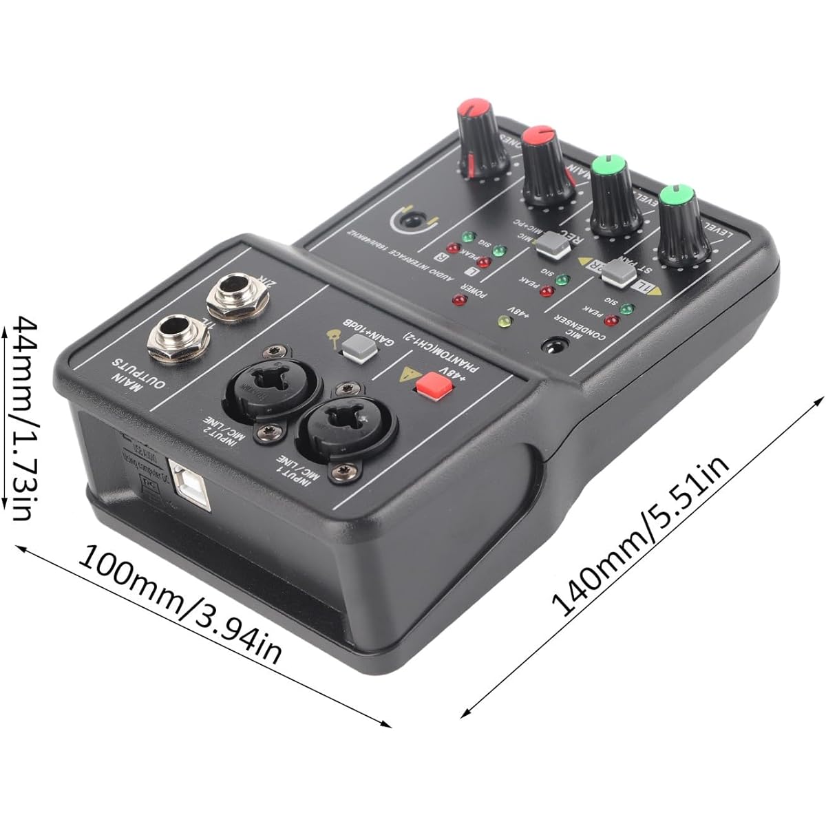 ASHATA 2 Channel Audio Mixer Sound Card USB 48V Phantom Power Compact Sound Mixing Console USB Sound Card for PC Recording Music Recording Home Karaoke Internet Karaoke