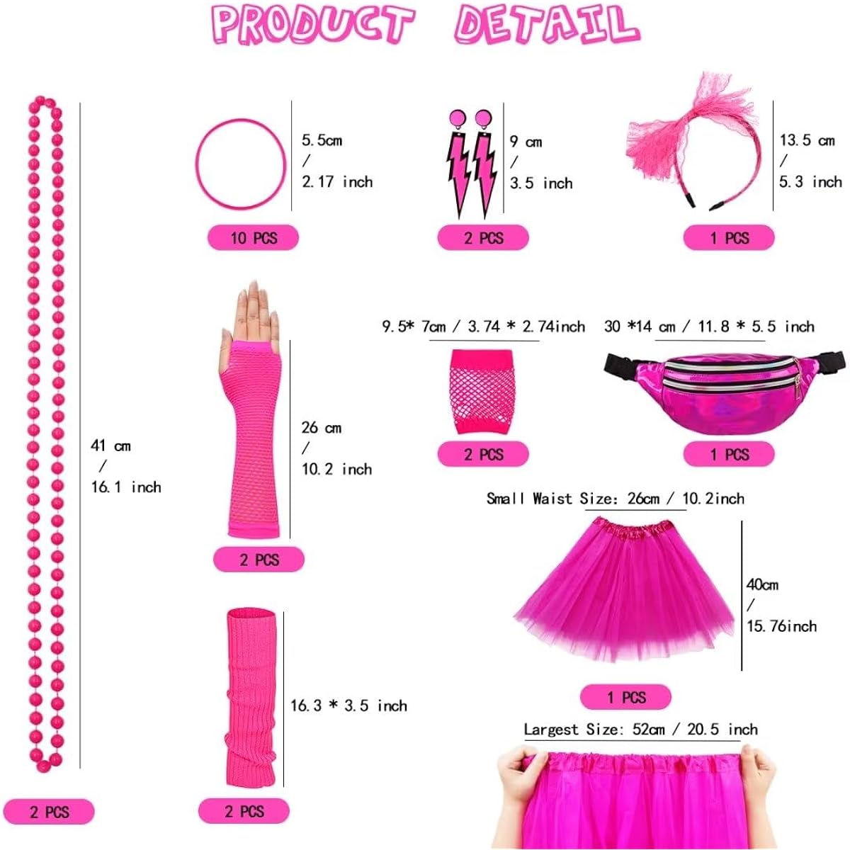 WILDPARTY 80s Costume Accessories for Women T-Shirt Tutu Fanny Pack Headband Earrings Necklace Fishnet Gloves Leg Warmers