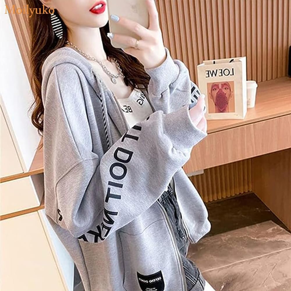Moilyuko Women's Oversized Parka, Zip, Long Sleeve, Thin, Loose, Korean Style, Fashion, Casual, Spring, Autumn, Winter Tops Mo74