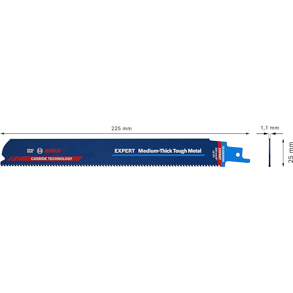 Bosch Professional 3x EXPERT ‘Medium-Thick Tough Metal’ S 1155 HHM Saber Saw Blade (Thick Metal, Stainless Steel Tube, Cast Iron, Total Length 225 mm, Saber Saw Accessories)