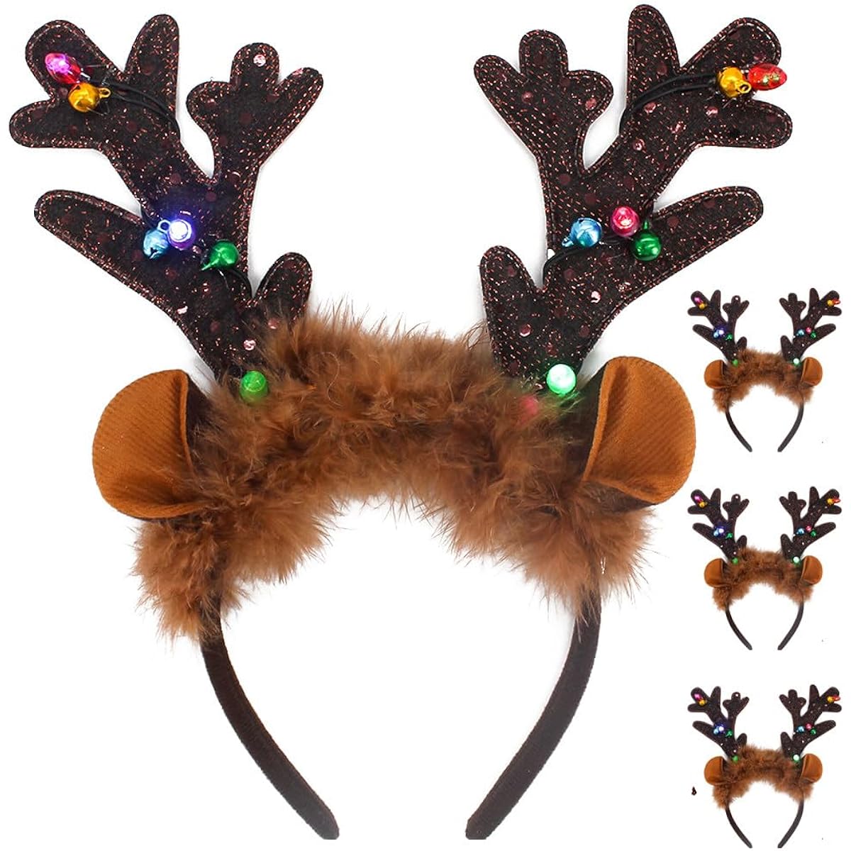 4 Pcs LED Light Up Christmas Reindeer Antler Headbands, Color Changing Lights on Antlers with On/Off Switch, Christmas, Holiday, New Years Party Favors for Girls, Women, Kids, Adults