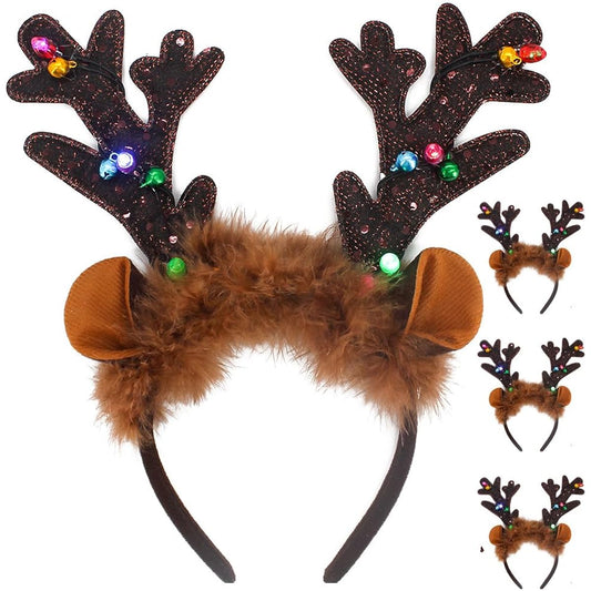 4 Pcs LED Light Up Christmas Reindeer Antler Headbands, Color Changing Lights on Antlers with On/Off Switch, Christmas, Holiday, New Years Party Favors for Girls, Women, Kids, Adults
