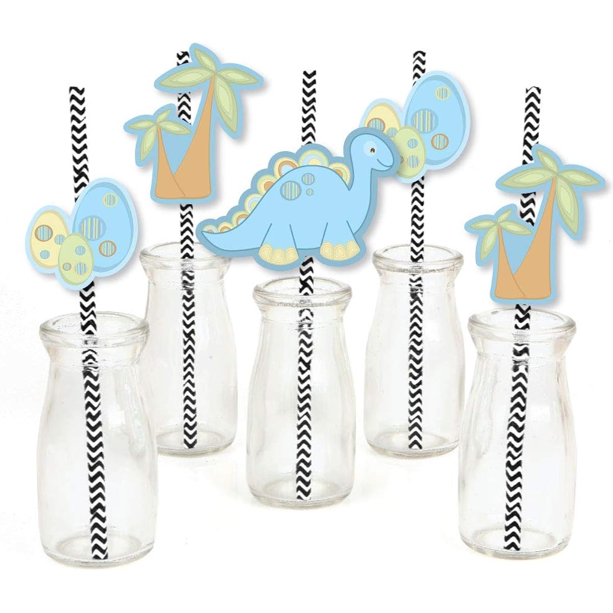Baby Boy Dinosaur Paper Straw Decoration Baby Shower Striped Decorative Straws Set of 24