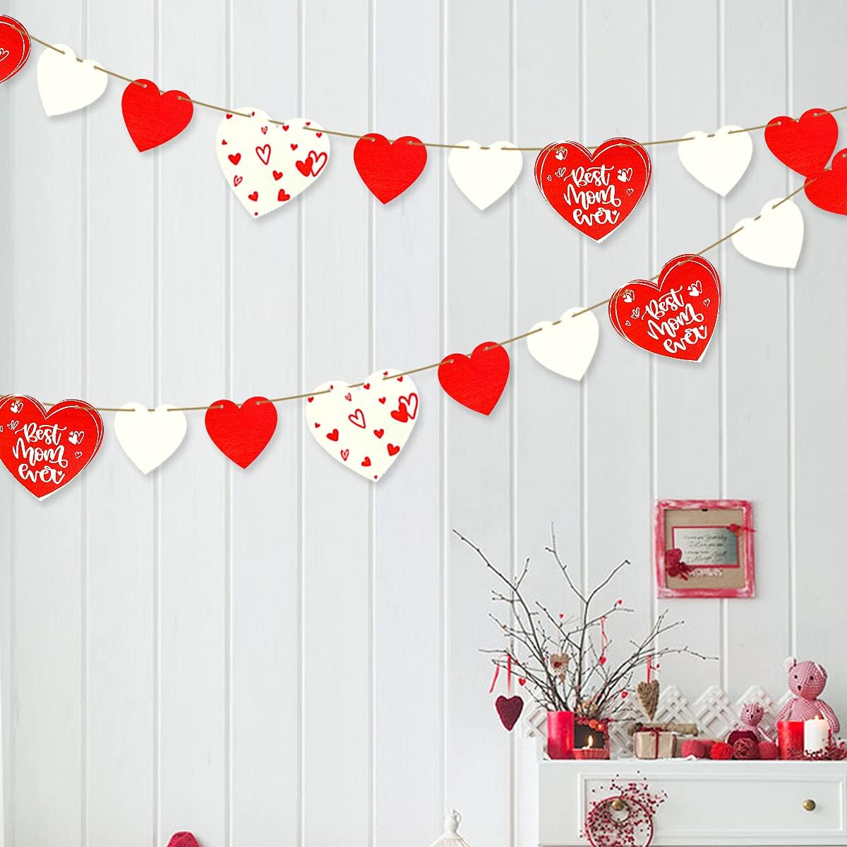 pinkblume Best Mom Ever Banner White and Red Wooden Heart Decorations Garland Streamer Ornaments Happy Mother's Day/Mother's Day/Birthday Party Decoration Supplies