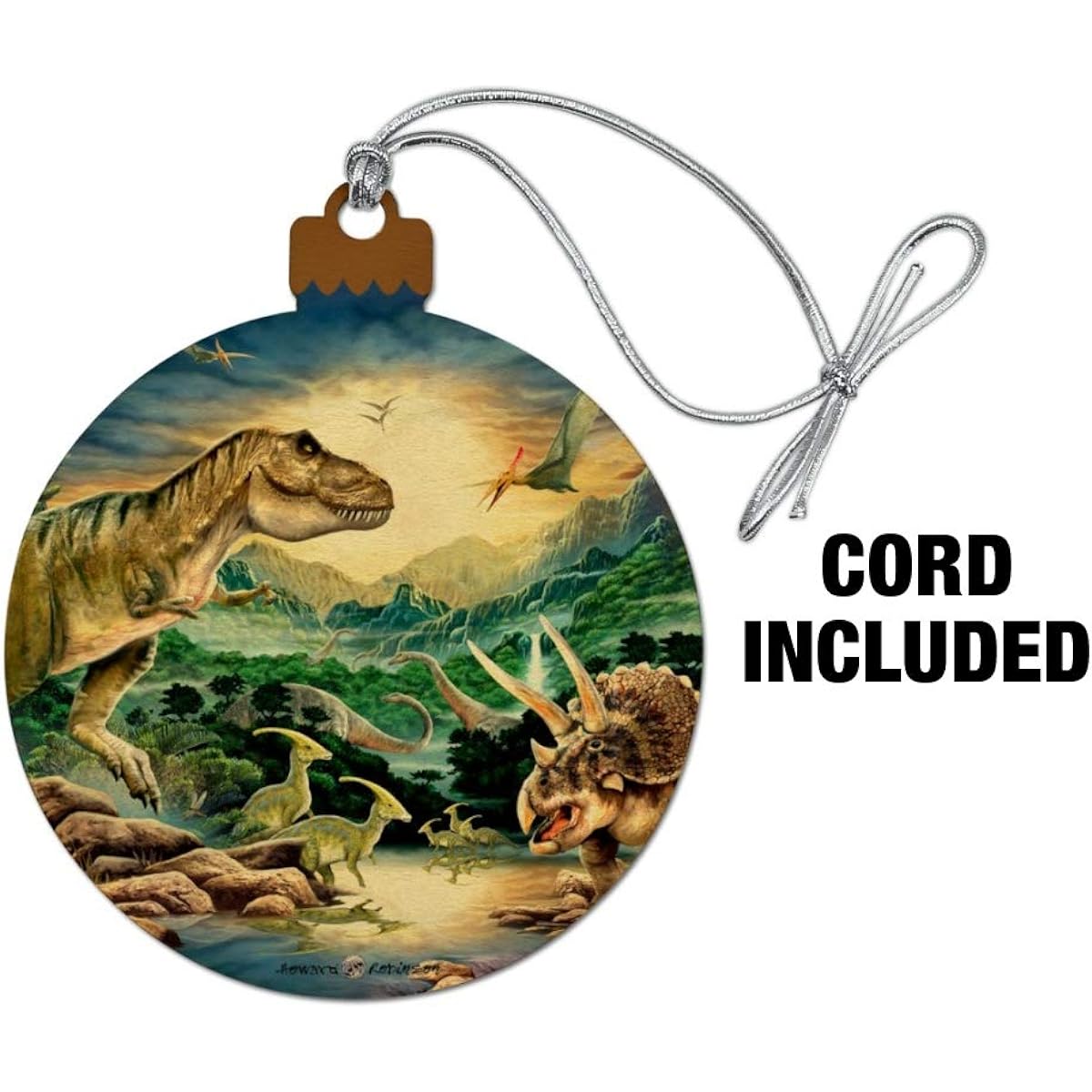 Tyrannosaurus T-Rex Jurassic Sunset Wood Christmas Tree Holiday Ornament