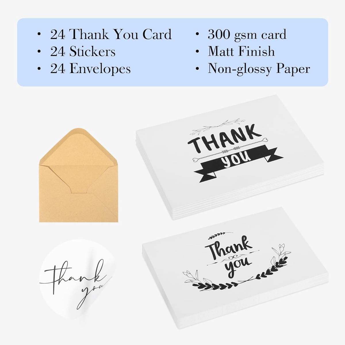 NESCCI Thank You Cards with Envelopes, 60 Sheets, 4x6 Inches, Minimal Design, Wedding, Bridal Shower, Business, Baby Shower, Small Business, Funeral, Graduation (Blue)