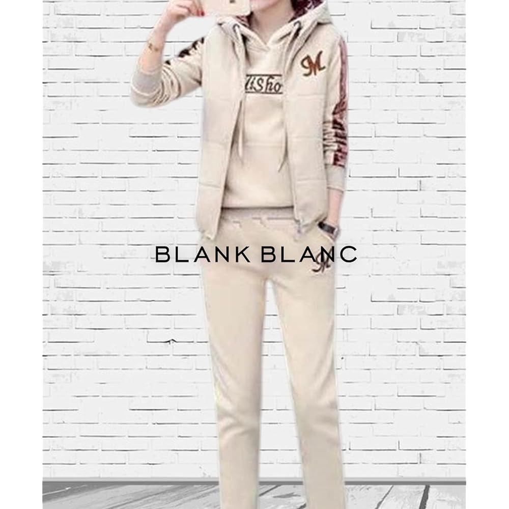 [BLANK BLANC] 3-Piece Jersey Setup Warm Women's Fleece Lined Sweatshirt Vest Pants Autumn Winter Spring S-L B32