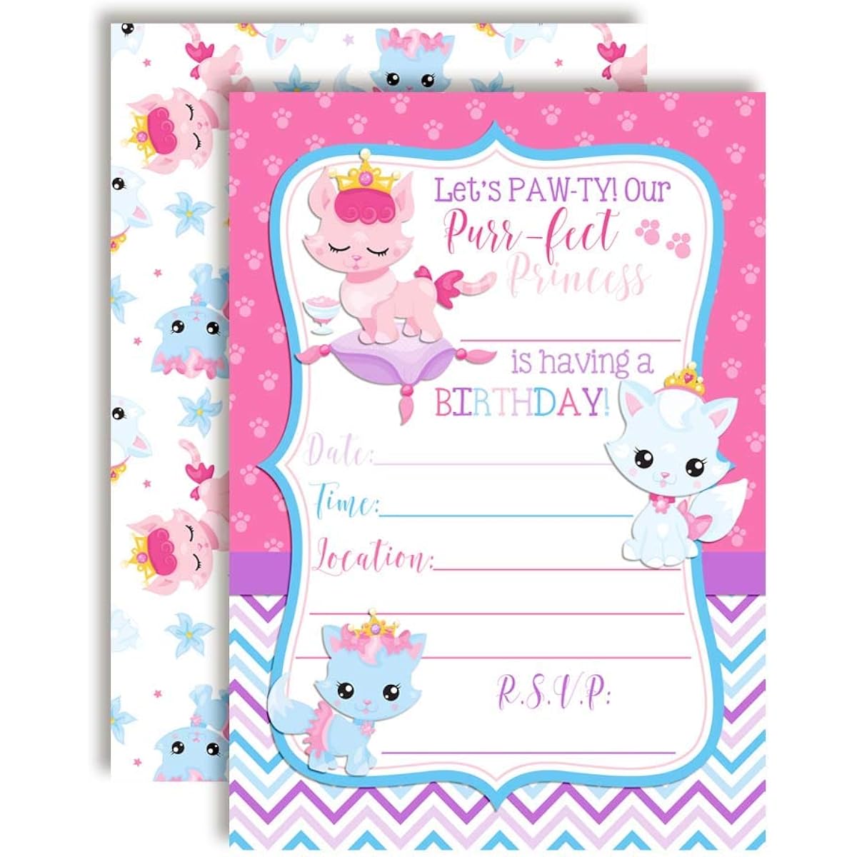 AmandaCreation Princess Kitten Birthday Party Invitations for Girls 5 x 7 Inch Stuffed Cards Includes 20 White Envelopes