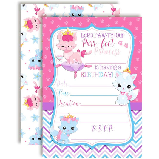 AmandaCreation Princess Kitten Birthday Party Invitations for Girls 5 x 7 Inch Stuffed Cards Includes 20 White Envelopes