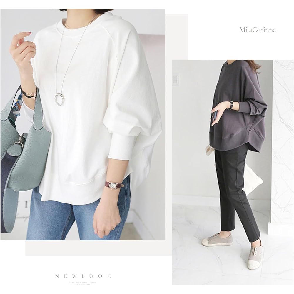 [MilaCorinna] Women's Sweatshirt, Sweatshirt, Long Sleeve, Dolman Sleeve, Big Pullover, Women's, Long T-shirt, Crew Neck, Cut and Sewn Top, Cotton, Autumn, Casual, Office, Stylish, Large Size, Plain, Loose, Cute, Commuting, Going Out, Spring, Summer, Aut