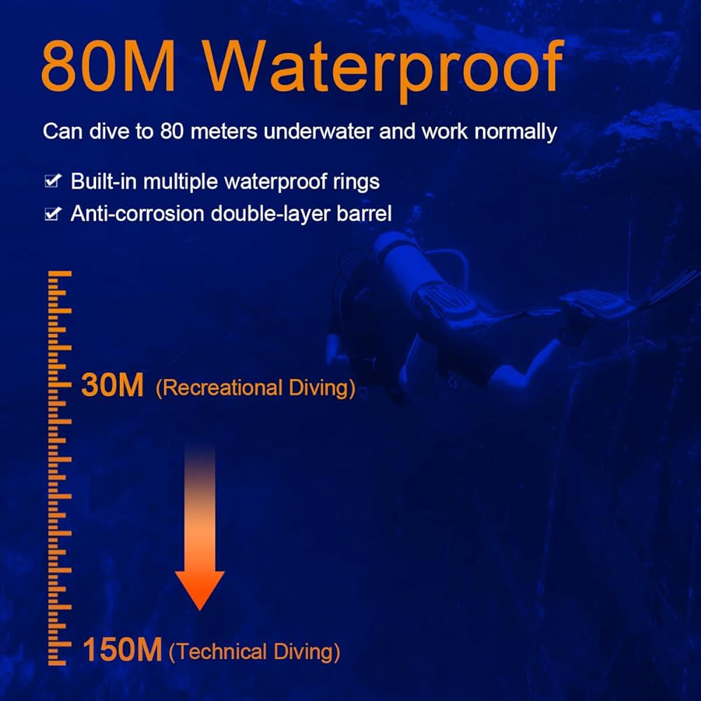 SecurityIng Diving Light 800 Lumens IPX-8 Waterproof Diver Light Underwater Light 80M 4 Dimming Modes LED Flashlight Diving Disaster Prevention Earthquake Prevention Fishing Camping Climbing (Batteries not included)