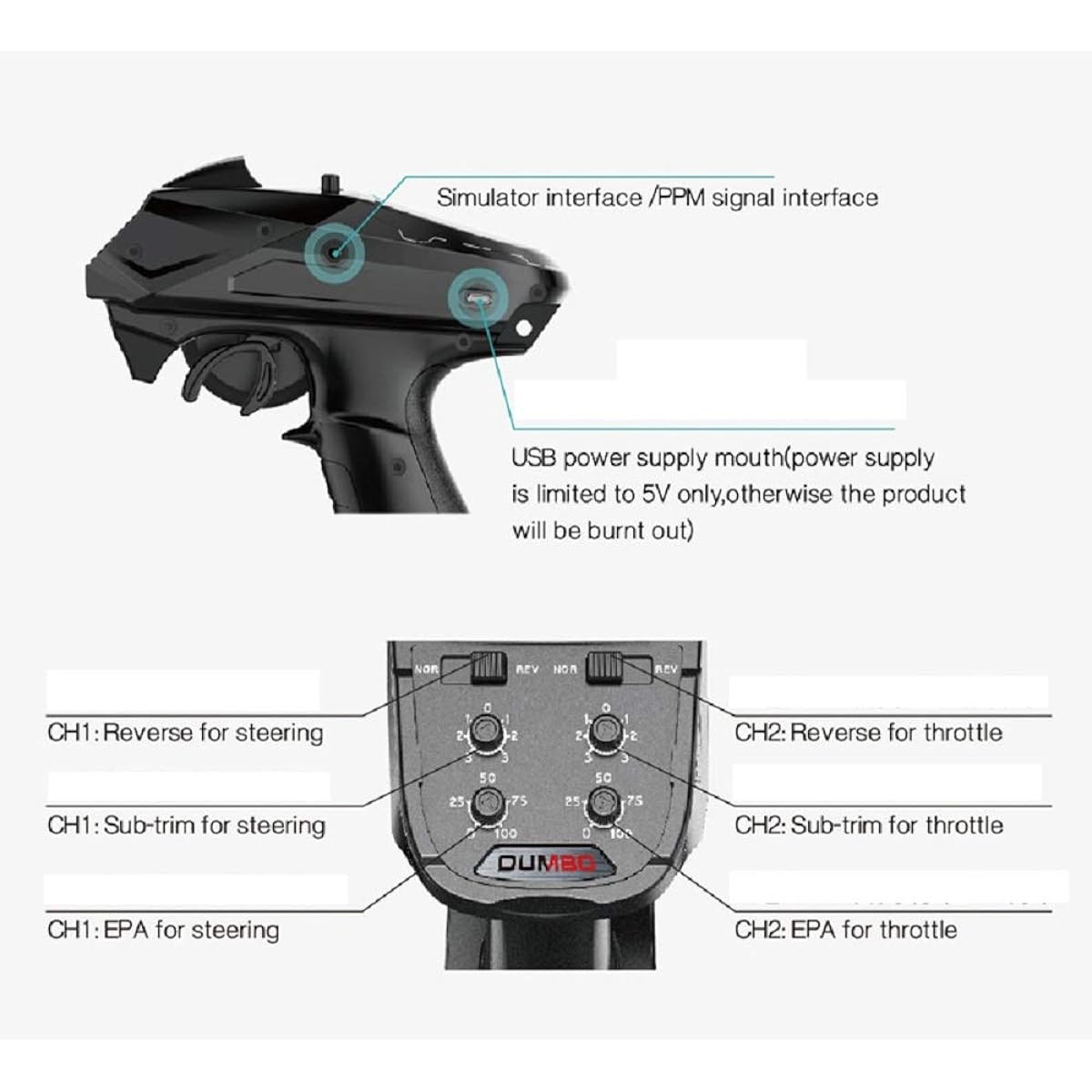 DUMBORC-X6 2.4Ghz 6 Channel RC Transmitter Receiver with Low Power Alarm and Out of Control Protection for RC Radio Controller Remote Car/Boat/Tank Mixed Mode Remote Controller (Except GYRO)