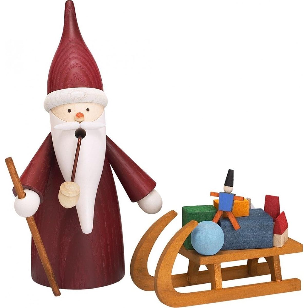 Smoke-emitting doll - Christmas gnome with sleigh - height 16 cm - Seiffen Erzgebirge folk art - original