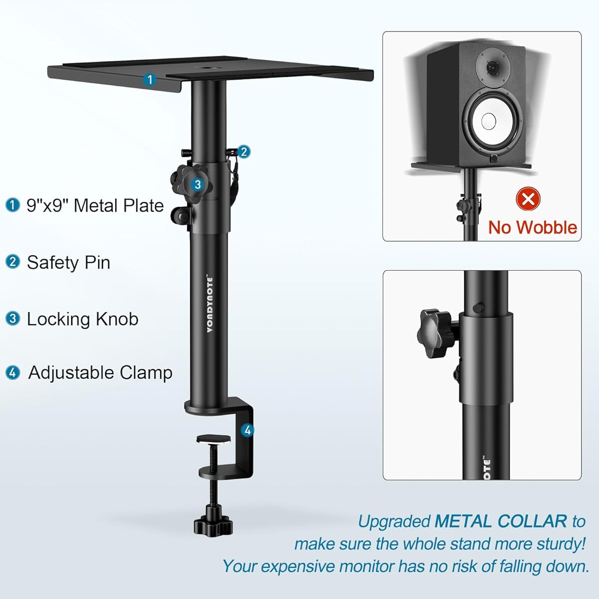 Vondynote Studio Monitor Stand Desktop Clamp Speaker Stand Adjustable Height Set of 2