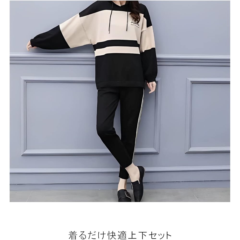 [Second Roots] 2 Piece Set Top and Bottom Setup Sweatshirt Sweatshirt Jersey Bicolor Hooded Parka Pants Room Wear Loungewear Easy Spring Summer Fall Winter Women's 083S M~4XL