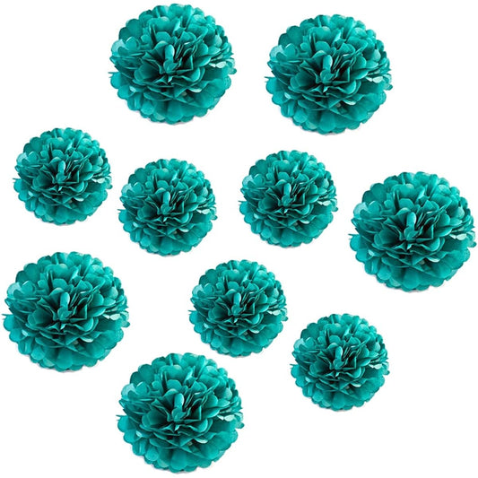 10pcs Paper Pom Poms Tissue Paper Flower Art Craft DIY Hanging Flower Party Wedding Baby Shower Nursery Wall Decoration (8"+10", Teal)