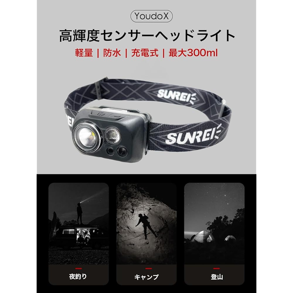Denko Seika Headlight LED Headlight Helmet Light Headlight LED 300LM Wide Angle Lighting Concentrating Ultra Light IPX5 Waterproof and Dustproof Can be used continuously for 115 hours Ideal for camping, mountain climbing, walking, fishing, work, power ou