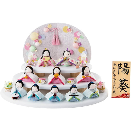 Hina Dolls, Compact, 10-piece Plum Doll Set (Asanoha) Wooden Stand Decoration Set, Includes Red and Red Name Tag, Made in Japan