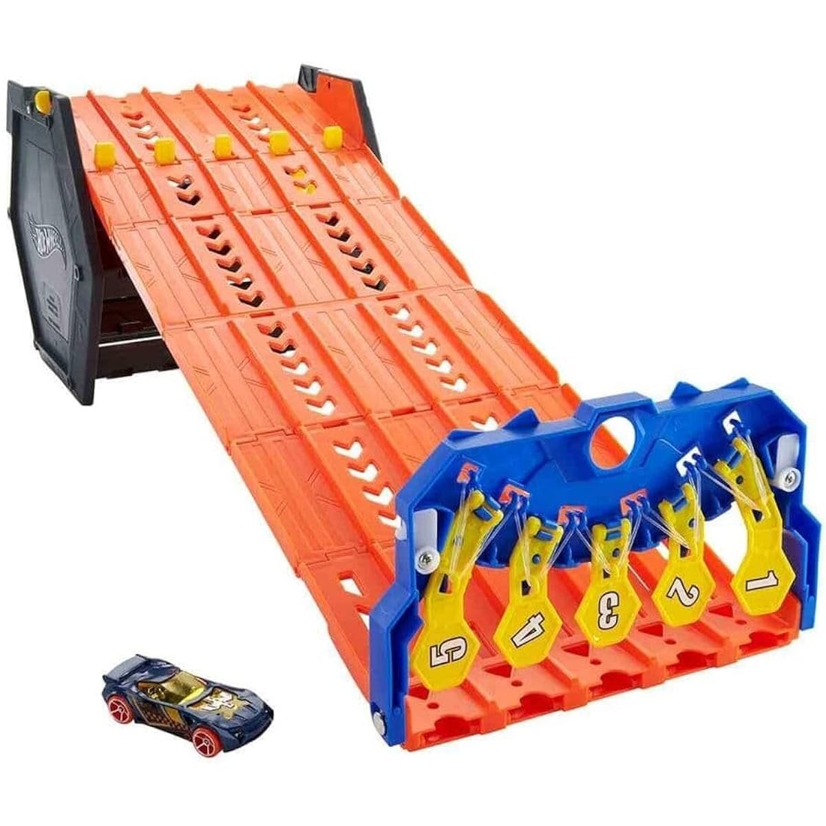 Hot Wheels Roll Out Raceway Track Set, Storage Bucket Unrolls into 5-Lane Racetrack for Multi-Car Play, Connects to Other Sets