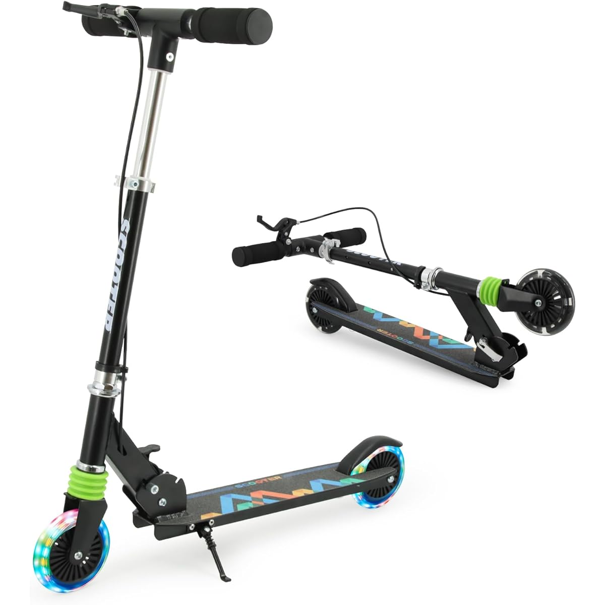 Kickboard Kids Scooter [With new handle brake] For children aged 3 to 14 years old, 2 wheels, illuminated LED tires, 4 levels of adjustment, load capacity 50kg, toddler car, toy, foldable, easy to carry, baby, gift
