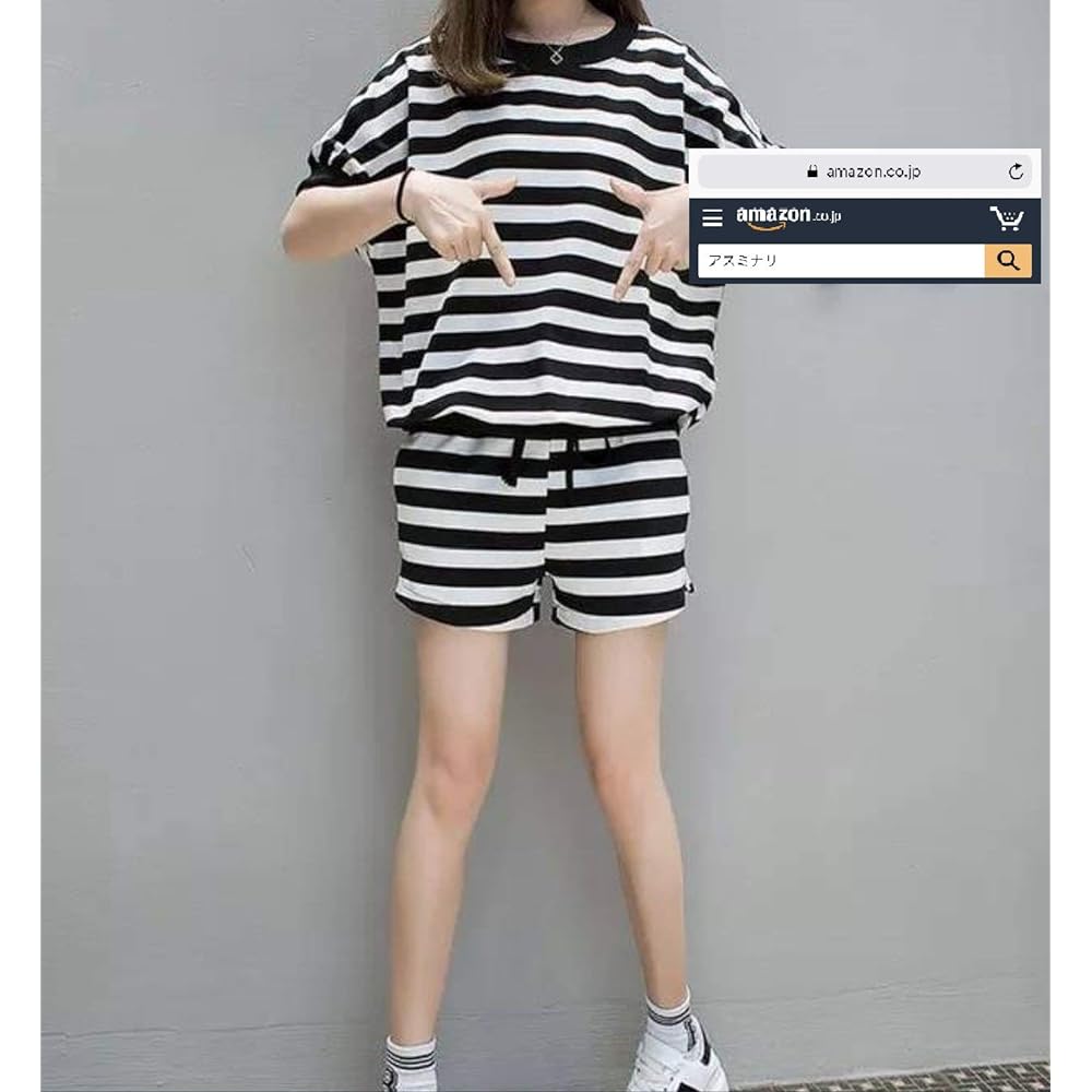 [Asminari] Border Loungewear Pajamas Jersey 2 Piece Set Top and Bottom Shorts T-Shirt Round Neck Short Sleeve White Black