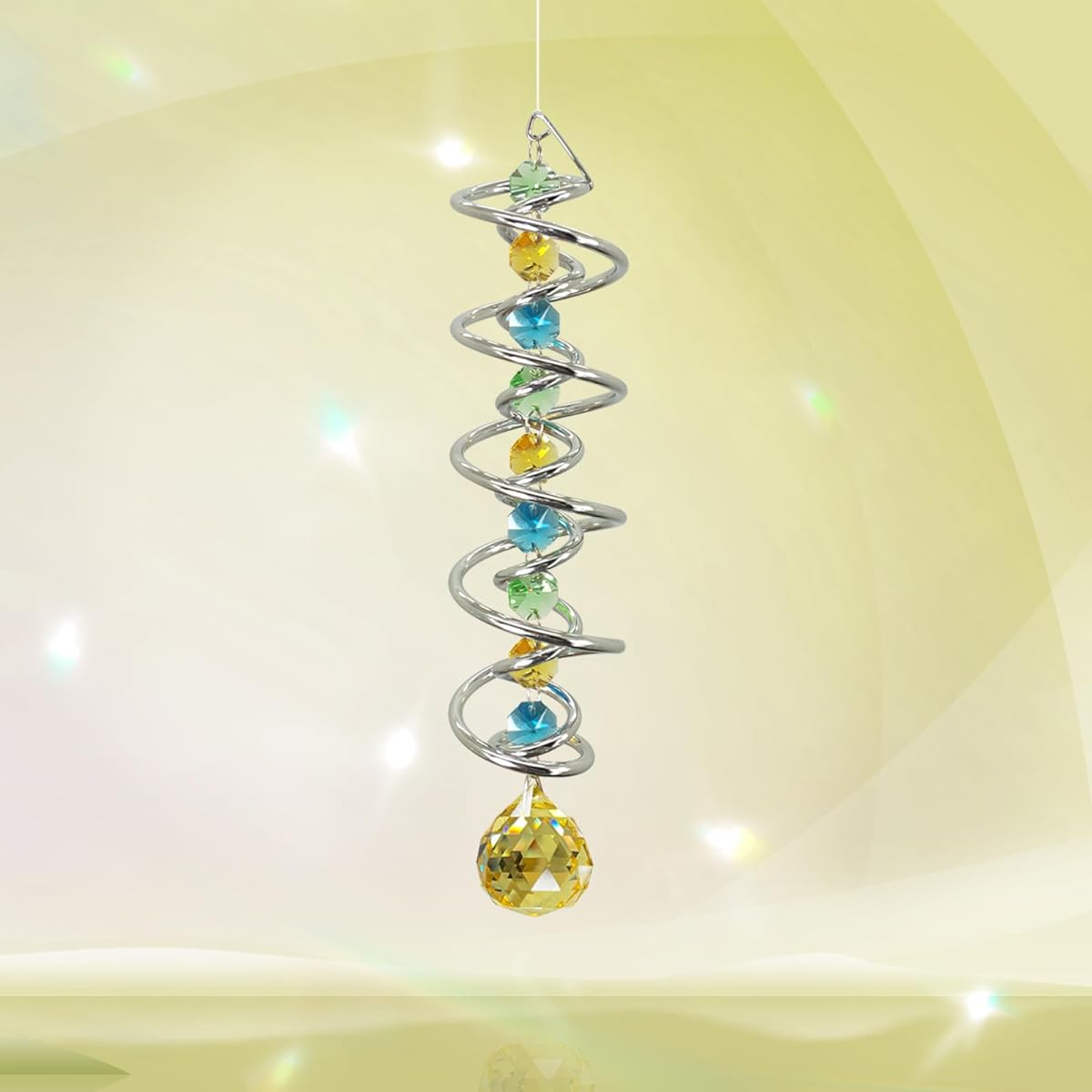FONMY Observation Ball Spiral Tail - Decorative Wind Spinner Suncatcher Rainbow Maker Double Spiral with Golden Crystal Ball and Chain Crystal Indoor Outdoor Garden Decor - 14 Inches Tall