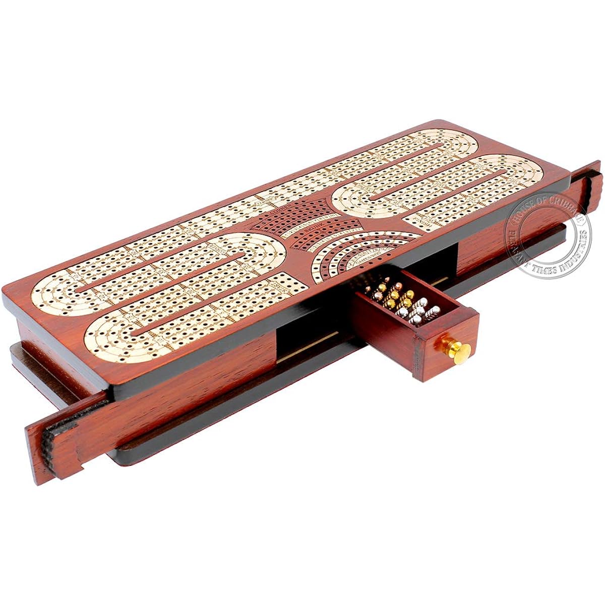 House of Cribbage - Continuous Cribbage Board / Blood Tree Inlay / Maple: 4 Tracks - Sliding Lid & Drawer with Score Marking Field, Skunk Corner for Winning Games