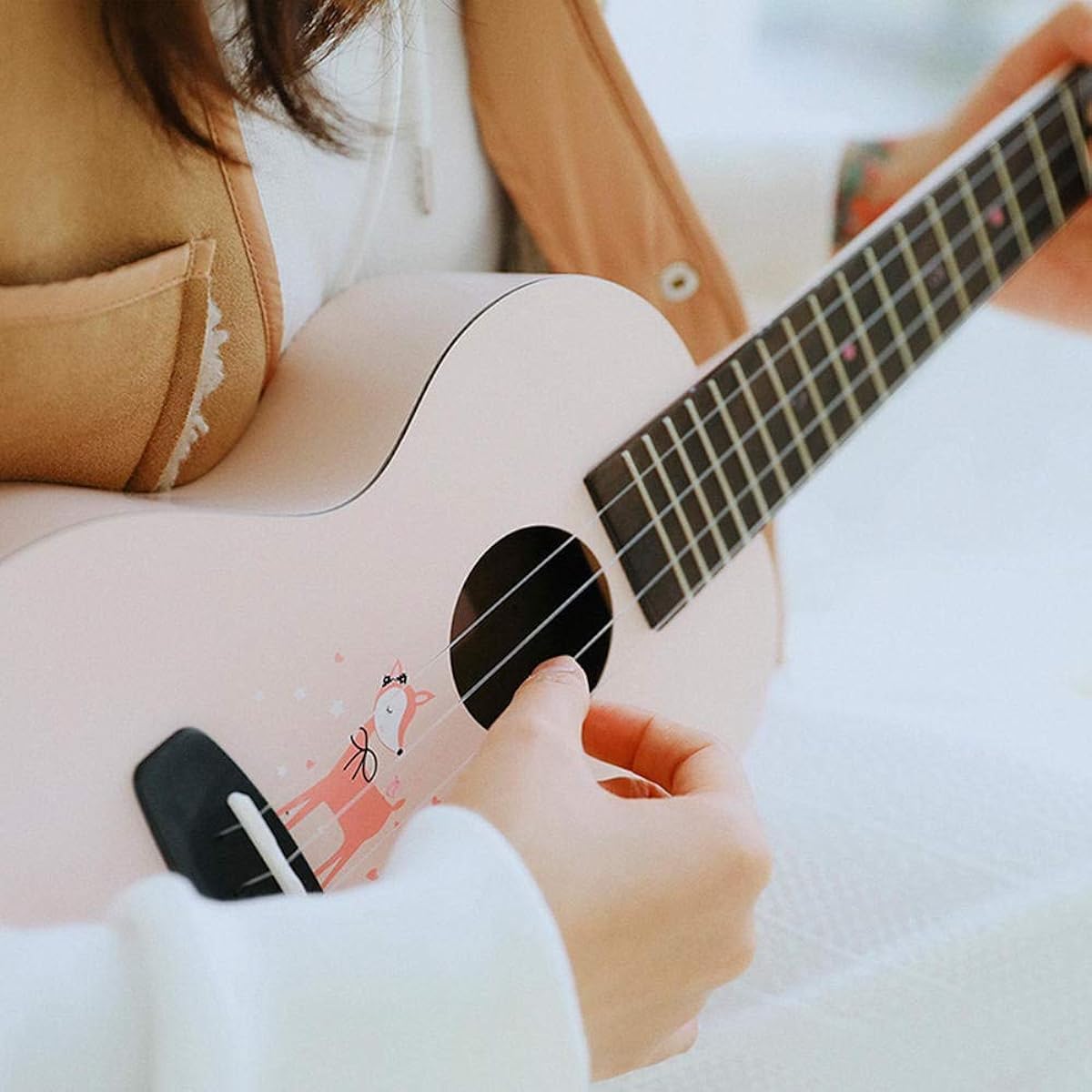 Classical Guitar 23 Inch 4 String Hawaiian Ukulele with Bag Sound Source Deer Pattern Cute Girl Student Easy to Learn and Play (Color: As shown, Size: 23 Inch)
