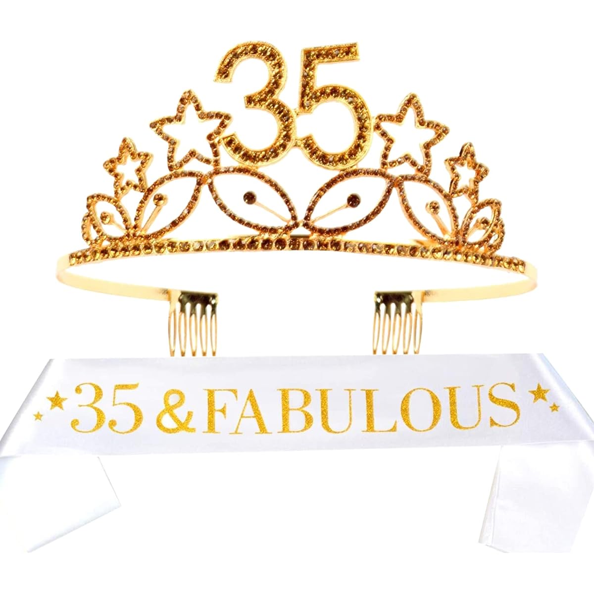 MEANT2TOBE 35th Birthday Sash and Tiara for Women - Amazing Glitter Sash + Star Rhinestone Gold Premium Metal Tiara, 35th Birthday Gift, 35th Birthday Present