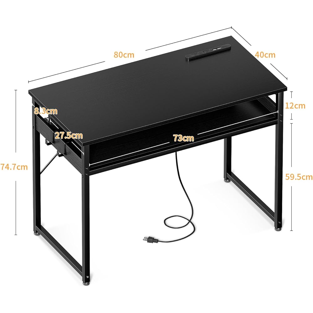 ODK Desk PC Desk Computer Desk Width 80cm Gaming Desk with Storage and Outlet Study Desk Computer Desk Box Work Desk with 2 Hooks Compact for Telework Space Saving Easy Assembly Black