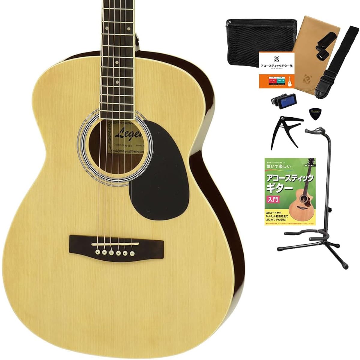 LEGEND FG-15 N Acoustic Guitar, 12-piece Select Set with Textbook, Beginner Set, OOO Size, Legend