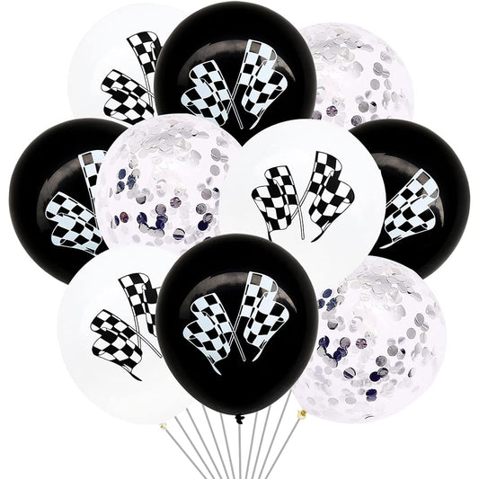 30pcs Checkered Race Car Latex Balloons Racing Car Theme Black & White Flag Balloons Confetti Balloons for Kids Boys Birthday Party 12inch