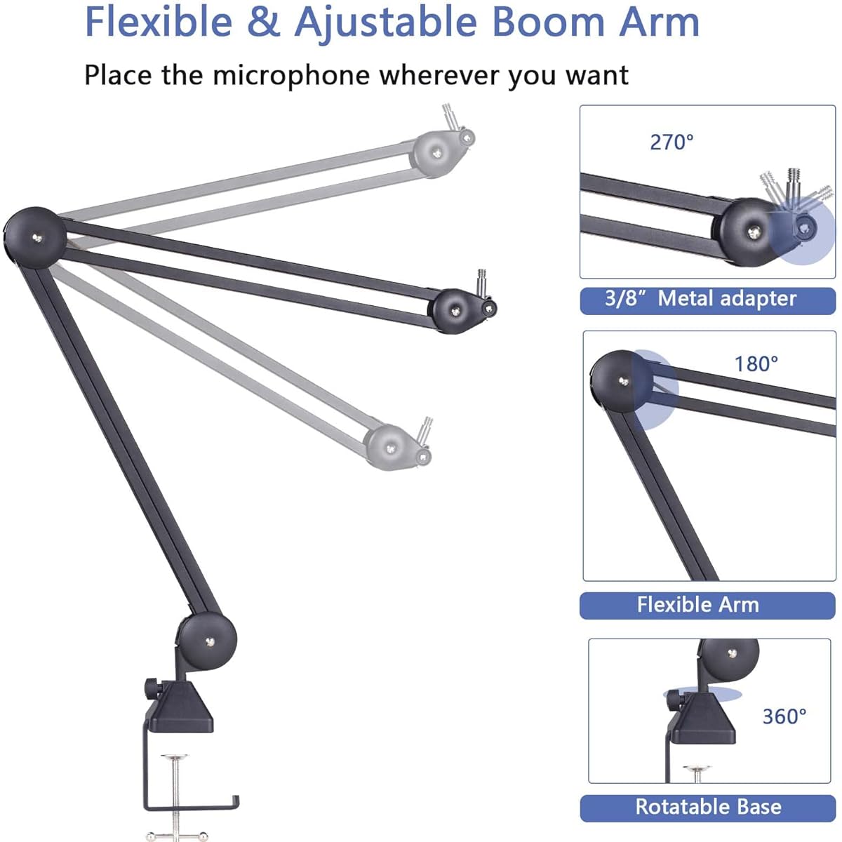KOMISON Microphone Arm Stand Heavy Duty Microphone Arm Microphone Stand Suspension Scissor Boom Stand Cable Tie Blue Yeti Snowball for Gaming/Recording/Quadcasting (Black)