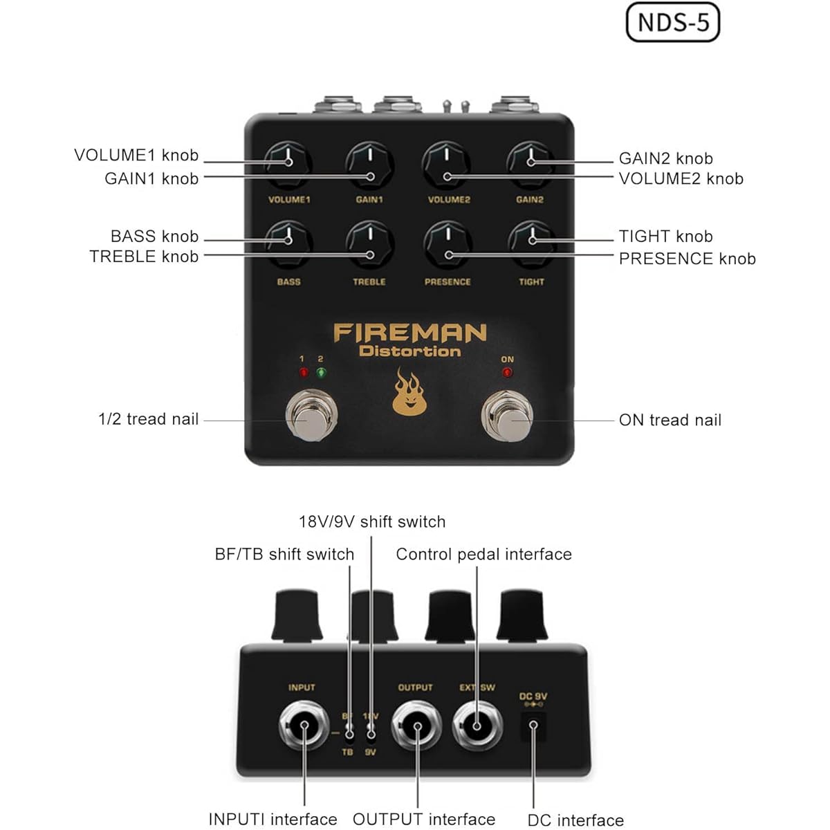 Guitar Single Effect, 20Hz to 20kHz Distortion Pedal NDS-5 2 Channel 9VDC Buffer Bypass with 9V18V Switch for Electric Guitar